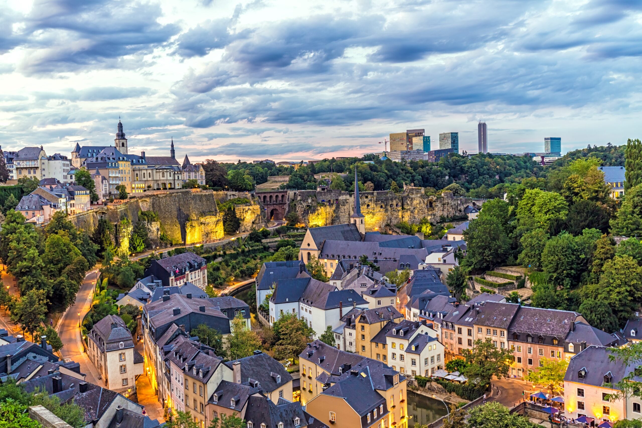 An overview of Luxembourg at sunset.