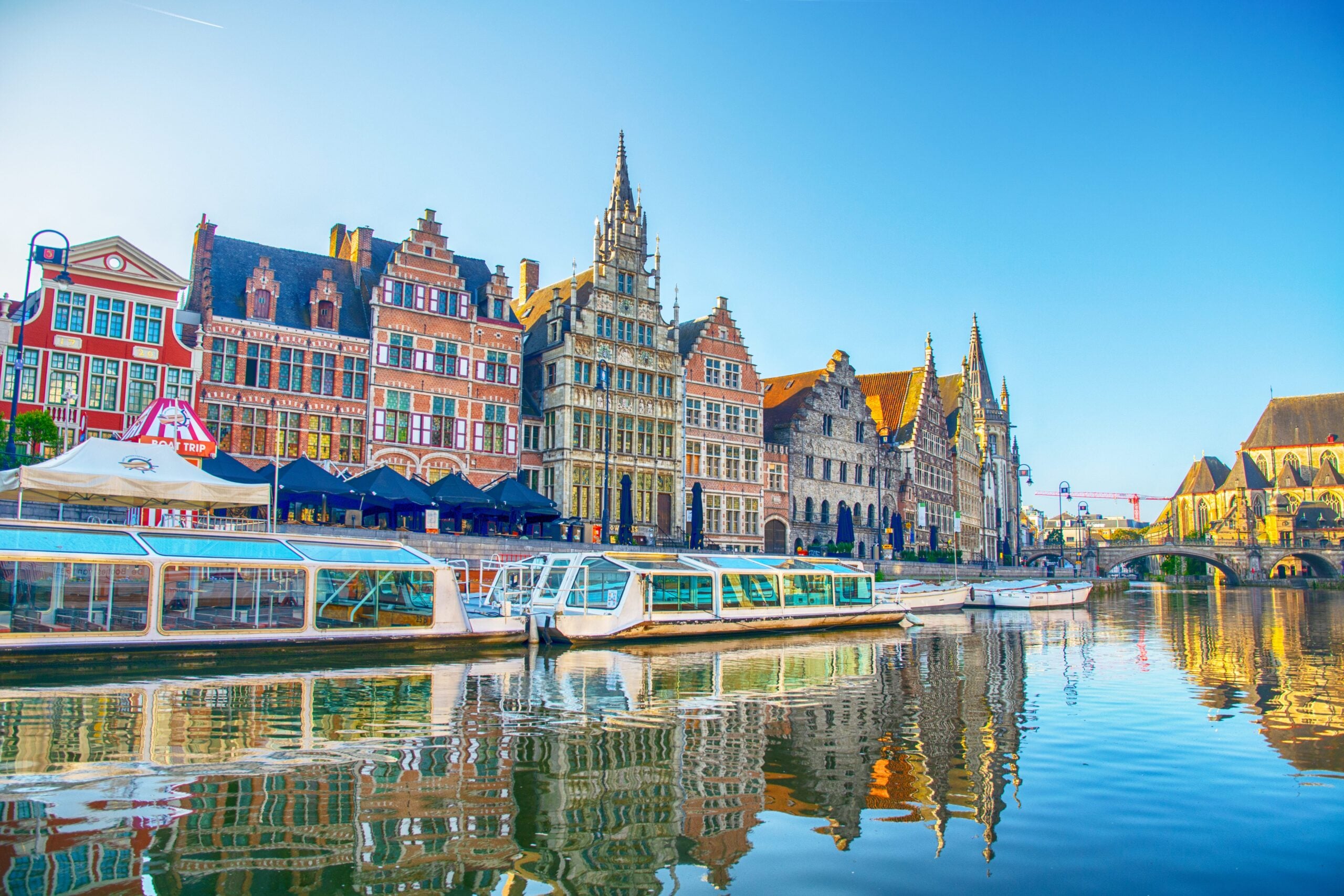 Graslei quay on the right bank of the Leie river in the historic city center of Ghent, Belgium.
