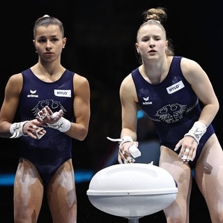 Janoah Müller (l.) und Silja Stöhr bei Turn-EM in Leipzig
